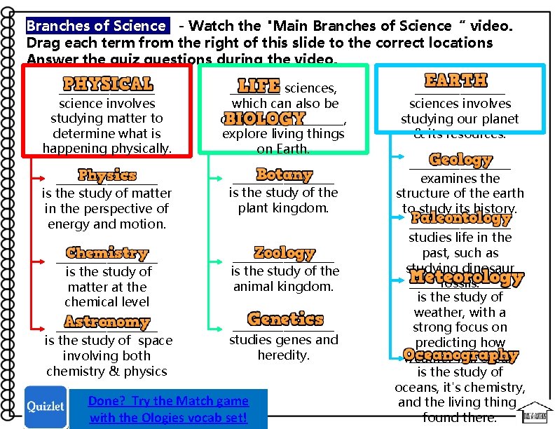 Branches of Science - Watch the "Main Branches of Science“ video. Drag each term