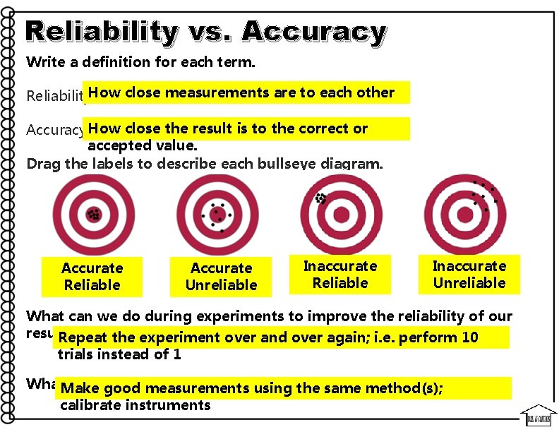 Reliability vs. Accuracy Write a definition for each term. Reliability. How close measurements are