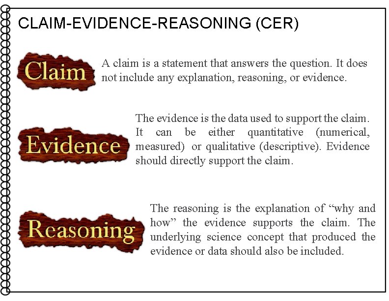 CLAIM-EVIDENCE-REASONING (CER) A claim is a statement that answers the question. It does not