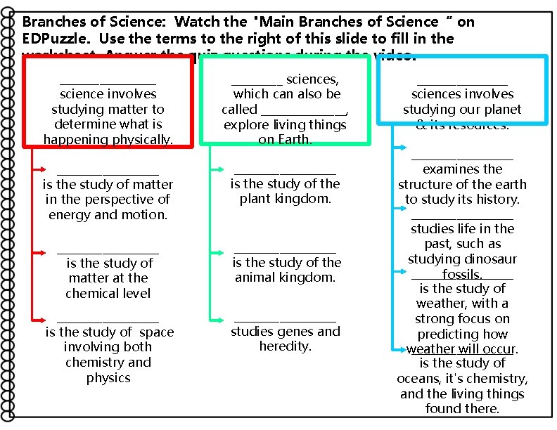 Branches of Science: Watch the "Main Branches of Science“ on EDPuzzle. Use the terms