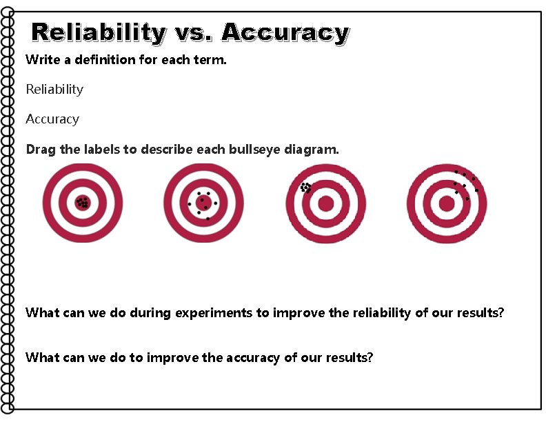 Reliability vs. Accuracy Write a definition for each term. Reliability Accuracy Drag the labels