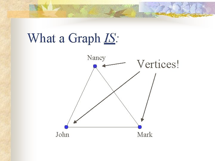 What a Graph IS: Nancy John Vertices! Mark 