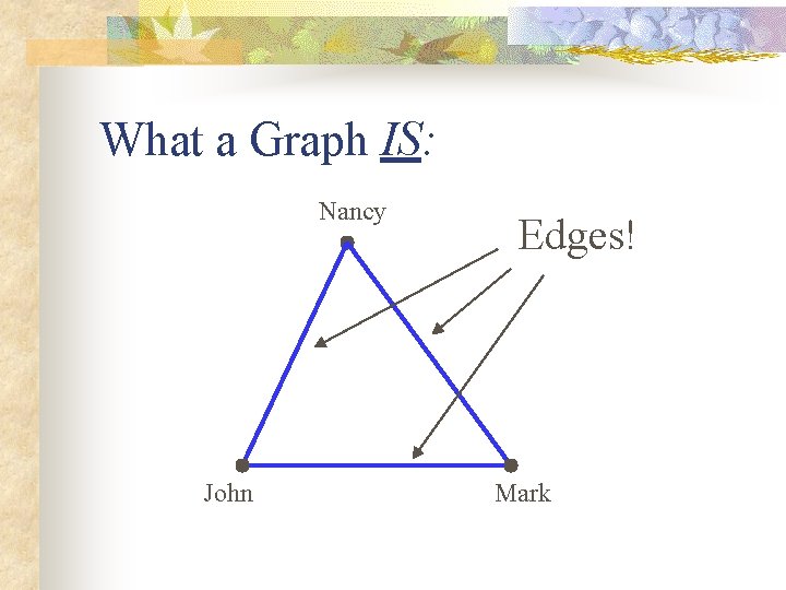 What a Graph IS: Nancy John Edges! Mark 