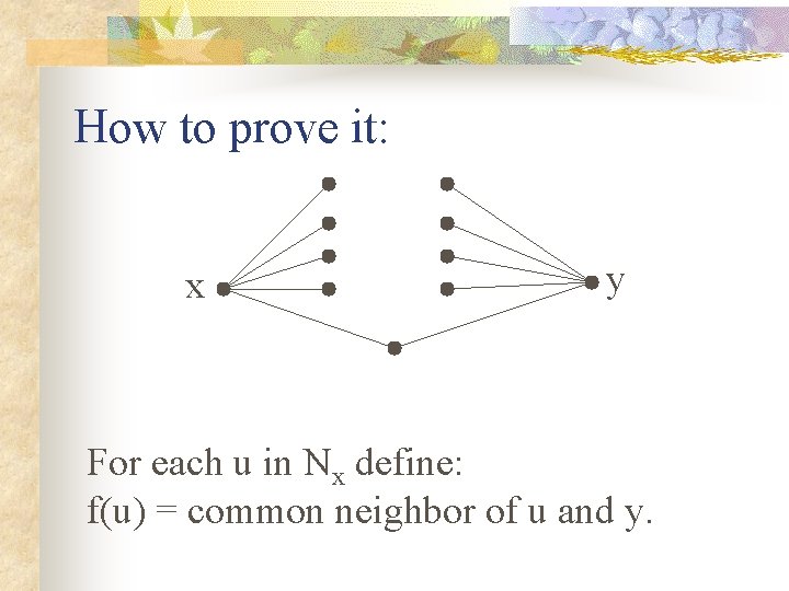 How to prove it: x y For each u in Nx define: f(u) =