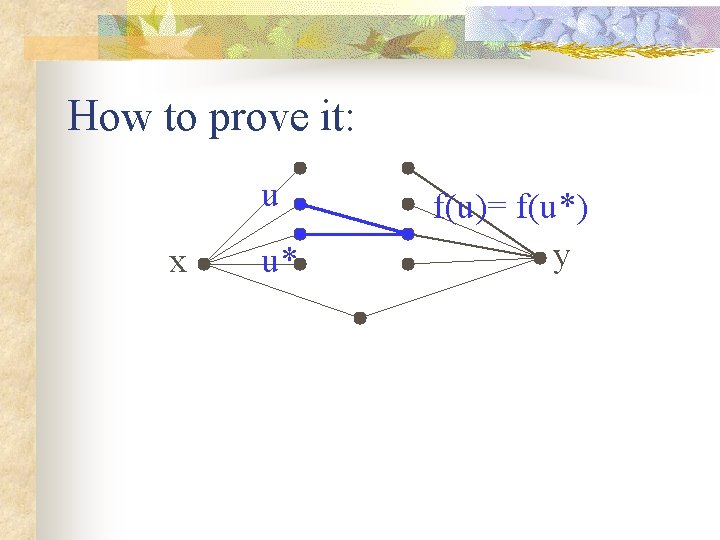 How to prove it: u x u* f(u)= f(u*) y 