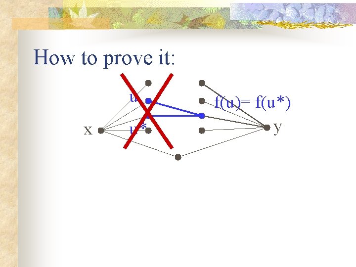 How to prove it: u x u* f(u)= f(u*) y 