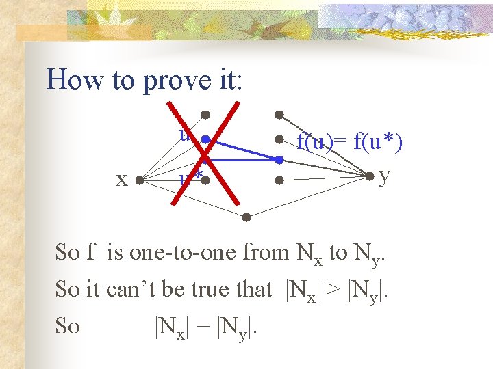How to prove it: u x u* f(u)= f(u*) y So f is one-to-one How to prove it: u x u* f(u)= f(u*) y So f is one-to-one