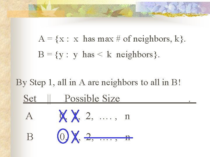 A = {x : x has max # of neighbors, k}. B = {y