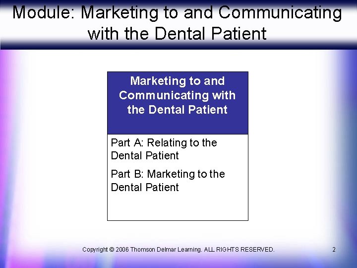 Module: Marketing to and Communicating with the Dental Patient Part A: Relating to the