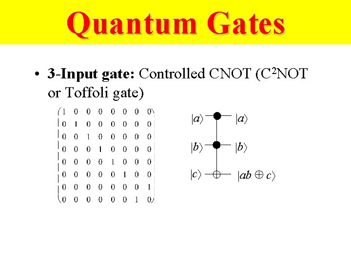 Quantum Gates • 3 -Input gate: Controlled CNOT (C 2 NOT or Toffoli gate)