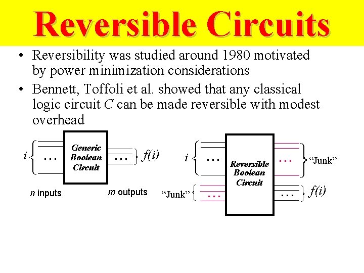 Reversible Circuits • Reversibility was studied around 1980 motivated by power minimization considerations •