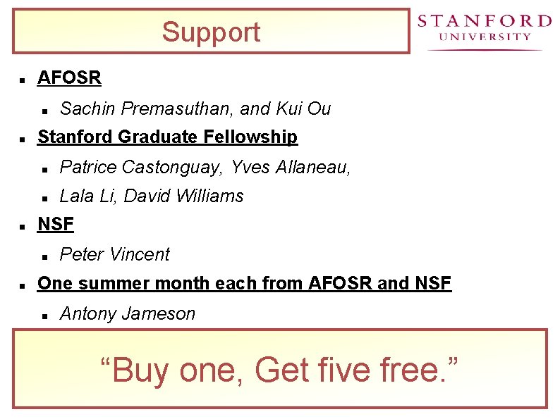 Support AFOSR Stanford Graduate Fellowship Patrice Castonguay, Yves Allaneau, Lala Li, David Williams NSF