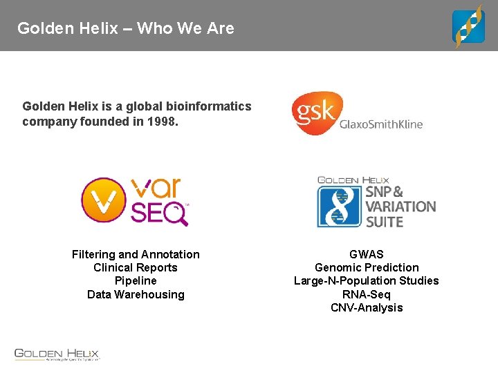 Golden Helix – Who We Are Golden Helix is a global bioinformatics company founded