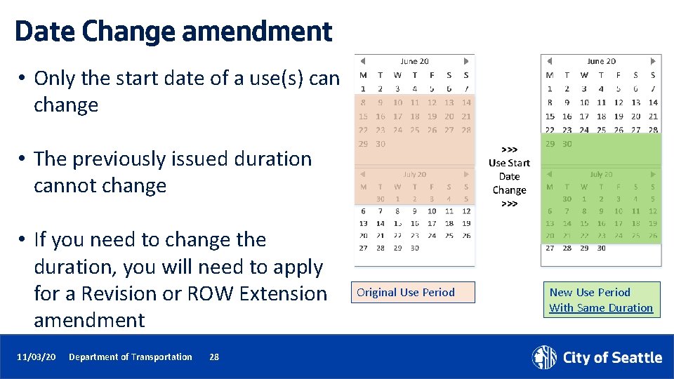 Date Change amendment • Only the start date of a use(s) can change •