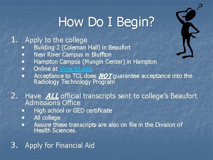 How Do I Begin? 1. Apply to the college • • • Building 2