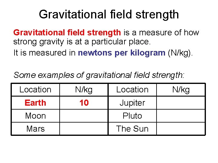 Gravitational field strength is a measure of how strong gravity is at a particular