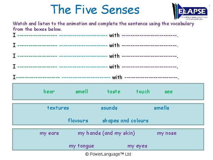 The Five Senses Watch and listen to the animation and complete the sentence using
