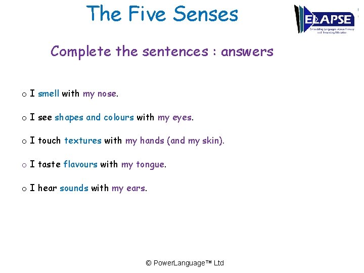 The Five Senses Complete the sentences : answers o I smell with my nose.