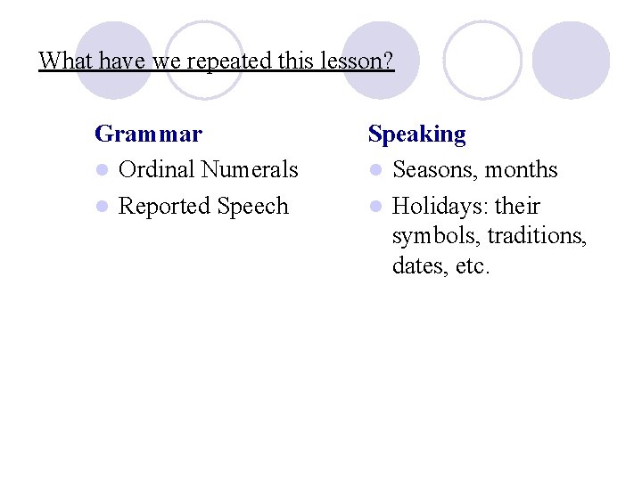 What have we repeated this lesson? Grammar l Ordinal Numerals l Reported Speech Speaking