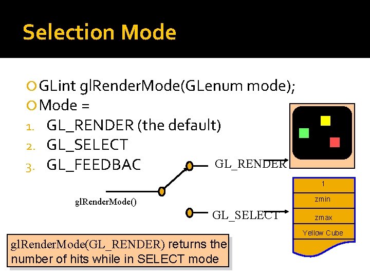 Selection Mode GLint gl. Render. Mode(GLenum mode); Mode = 1. GL_RENDER (the default) 2.