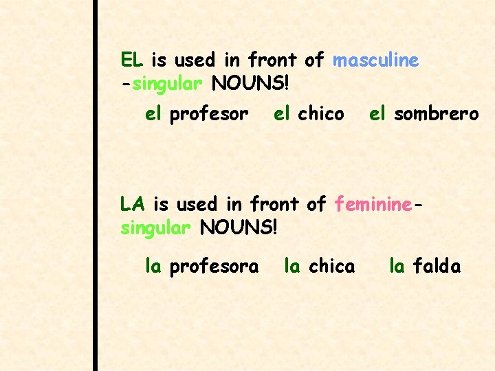 EL is used in front of masculine -singular NOUNS! el profesor el chico el