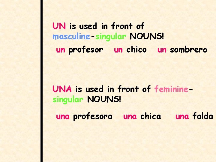 UN is used in front of masculine-singular NOUNS! un profesor un chico un sombrero