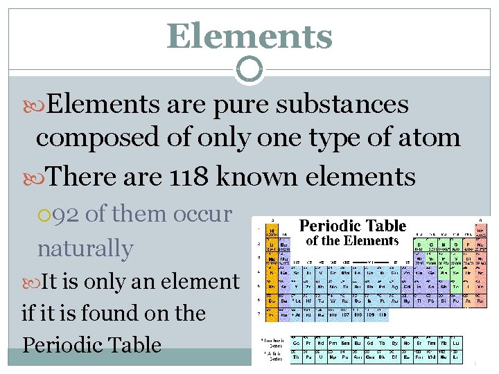 Elements are pure substances composed of only one type of atom There are 118