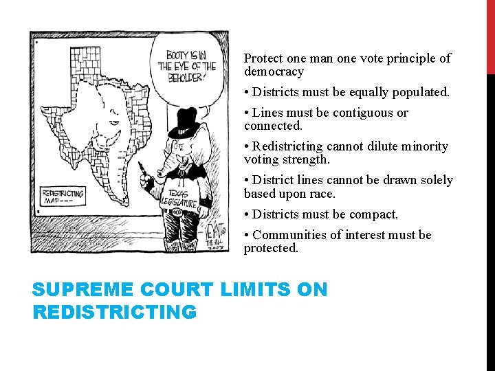 Protect one man one vote principle of democracy • Districts must be equally populated.