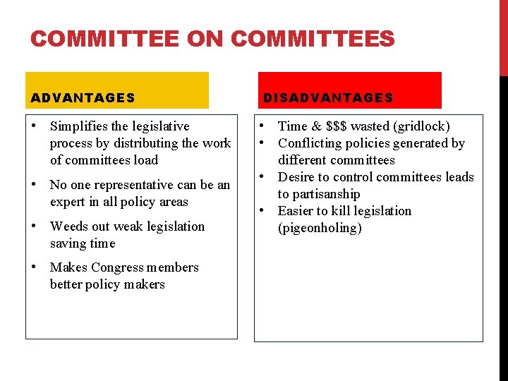 COMMITTEE ON COMMITTEES ADVANTAGES • Simplifies the legislative process by distributing the work of