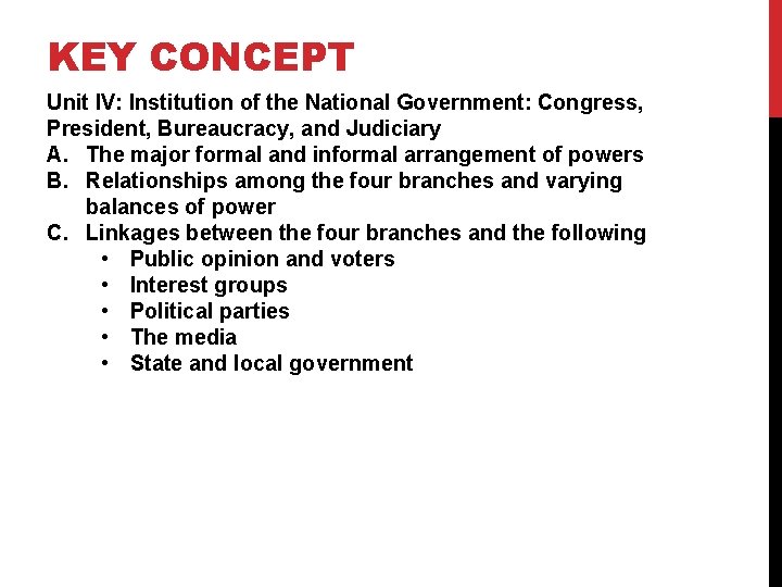 KEY CONCEPT Unit IV: Institution of the National Government: Congress, President, Bureaucracy, and Judiciary
