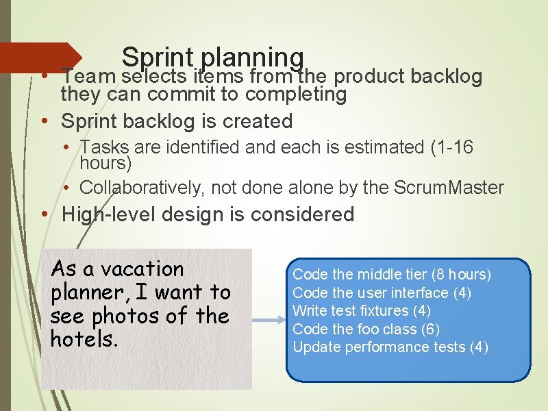 Sprint planning • Team selects items from the product backlog they can commit to