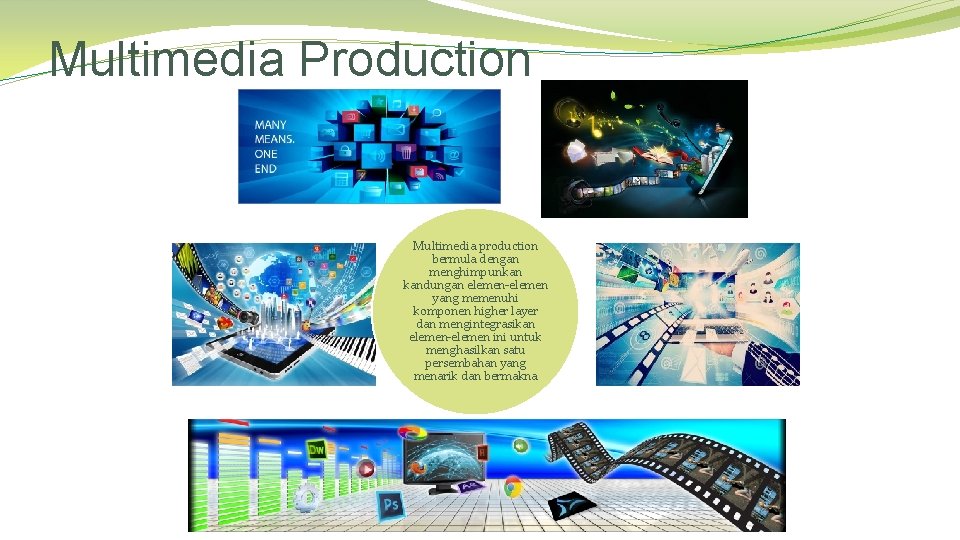 Multimedia Production Multimedia production bermula dengan menghimpunkan kandungan elemen-elemen yang memenuhi komponen higher layer