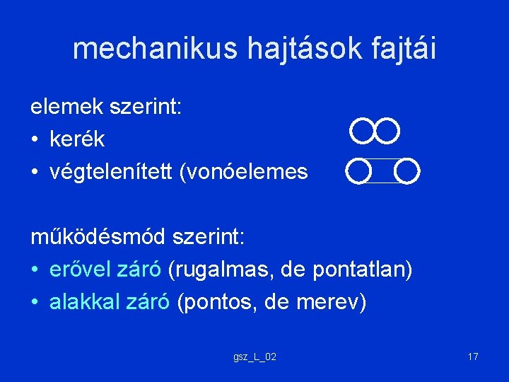 mechanikus hajtások fajtái elemek szerint: • kerék • végtelenített (vonóelemes működésmód szerint: • erővel