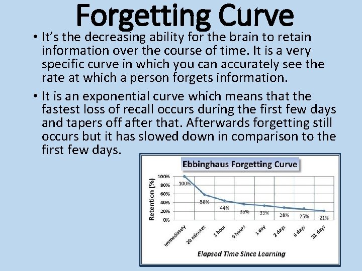 Forgetting Curve • It’s the decreasing ability for the brain to retain information over