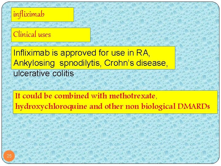 infliximab Clinical uses Infliximab is approved for use in RA, Ankylosing spnodilytis, Crohn’s disease,