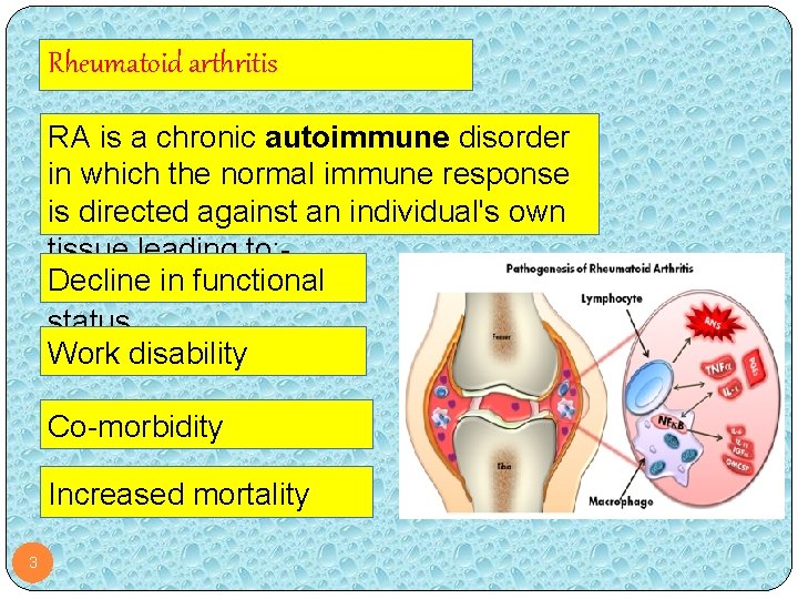 Rheumatoid arthritis RA is a chronic autoimmune disorder in which the normal immune response