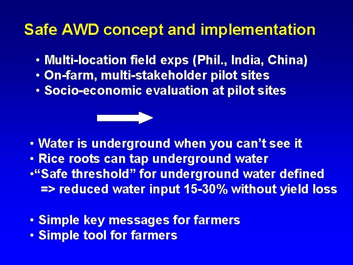 Safe AWD concept and implementation • Multi-location field exps (Phil. , India, China) •