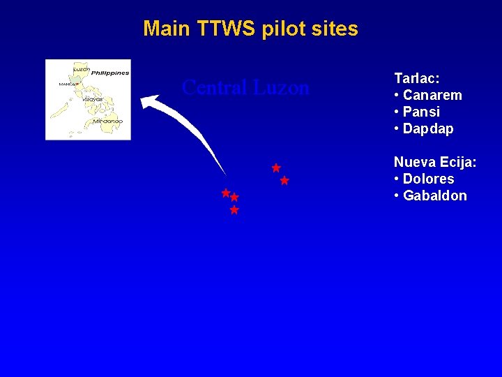 Main TTWS pilot sites Central Luzon Tarlac: • Canarem • Pansi • Dapdap Nueva