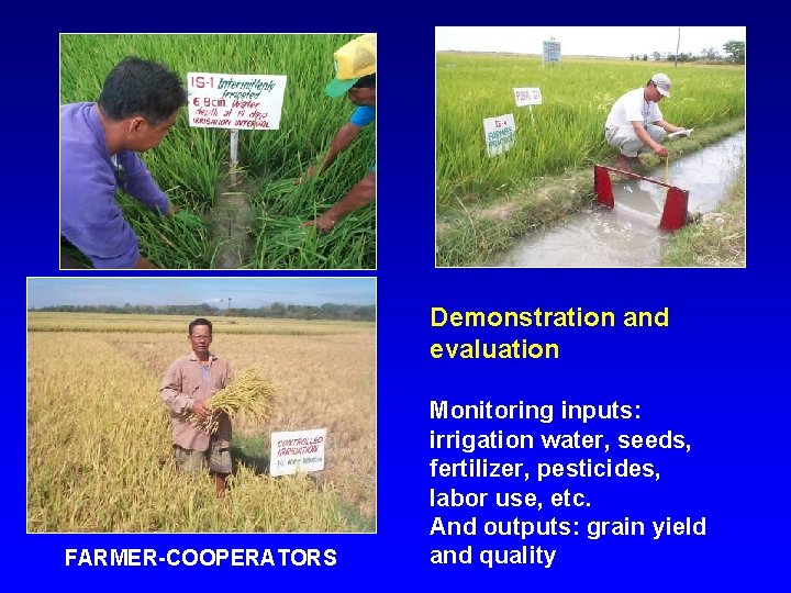 Demonstration and evaluation FARMER-COOPERATORS Monitoring inputs: irrigation water, seeds, fertilizer, pesticides, labor use, etc.