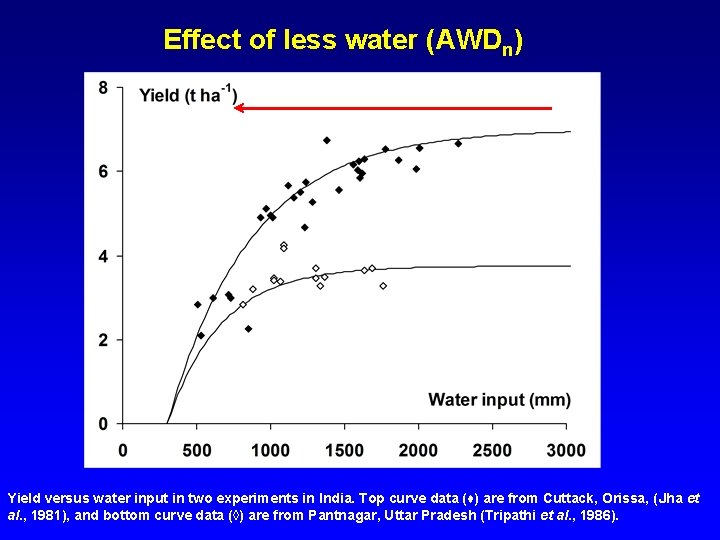 Effect of less water (AWDn) Yield versus water input in two experiments in India.