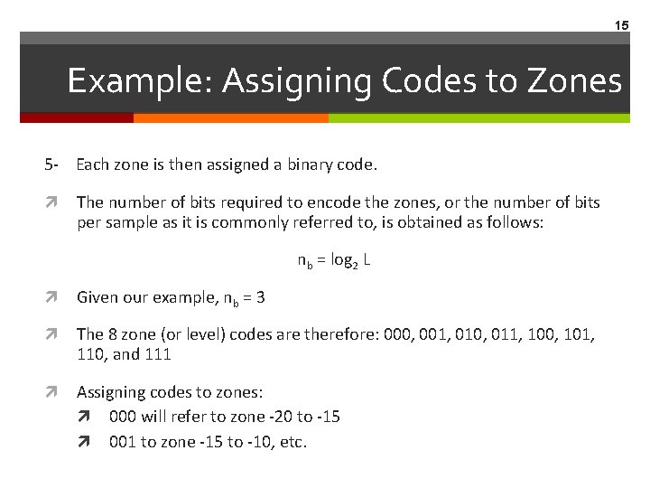 15 Example: Assigning Codes to Zones 5 - Each zone is then assigned a