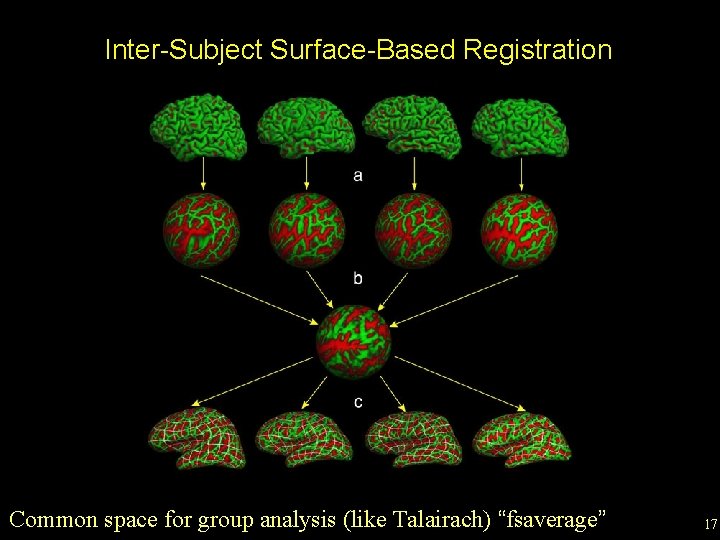 Inter-Subject Surface-Based Registration Common space for group analysis (like Talairach) “fsaverage” 17 