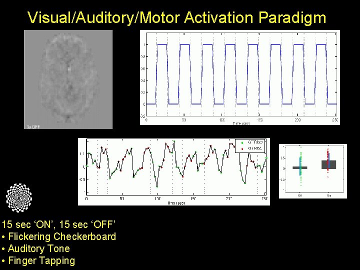 Visual/Auditory/Motor Activation Paradigm 15 sec ‘ON’, 15 sec ‘OFF’ • Flickering Checkerboard • Auditory