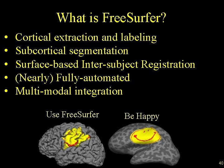 What is Free. Surfer? • • • Cortical extraction and labeling Subcortical segmentation Surface-based