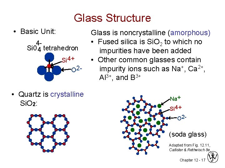 Glass Structure • Basic Unit: 4 Si 0 4 tetrahedron Si 4+ O 2