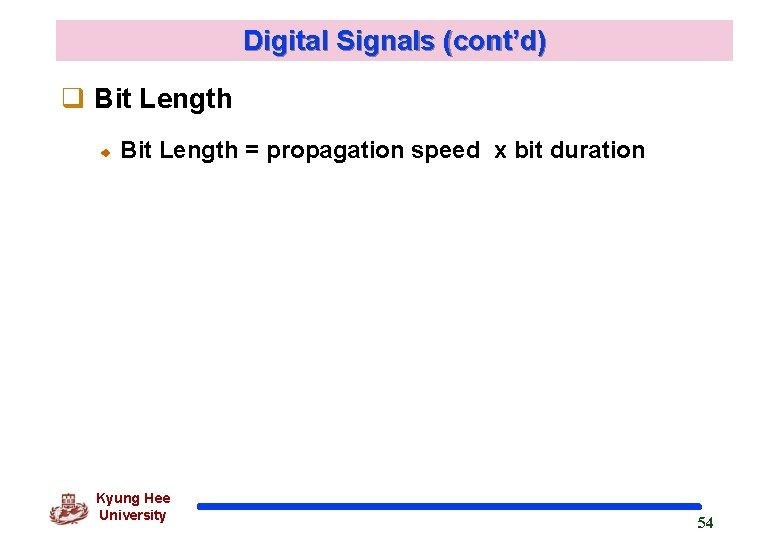 Digital Signals (cont’d) q Bit Length = propagation speed x bit duration Kyung Hee