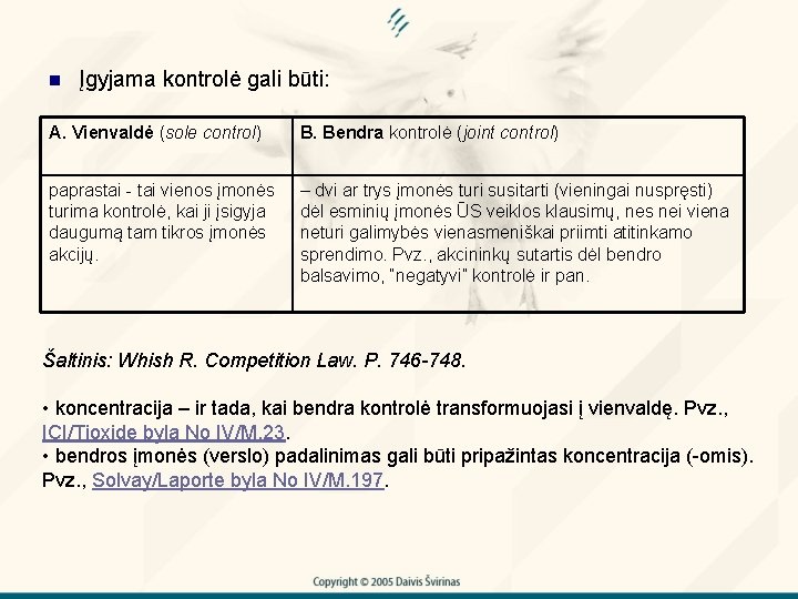 n Įgyjama kontrolė gali būti: A. Vienvaldė (sole control) B. Bendra kontrolė (joint control)