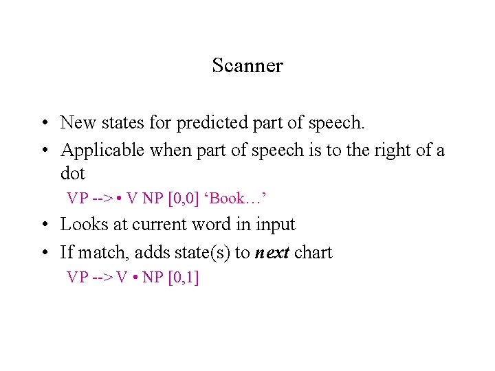 Scanner • New states for predicted part of speech. • Applicable when part of