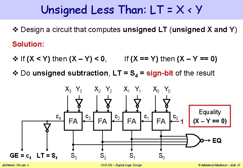 Unsigned Less Than: LT = X < Y v Design a circuit that computes