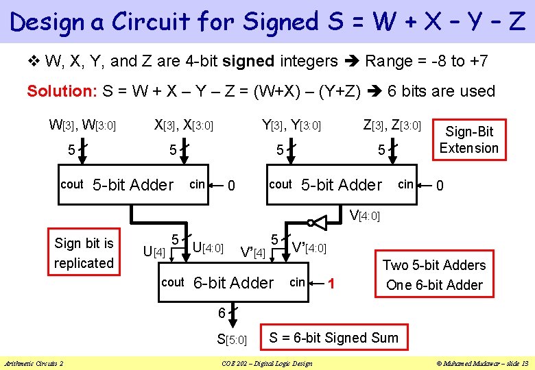 Design a Circuit for Signed S = W + X – Y – Z